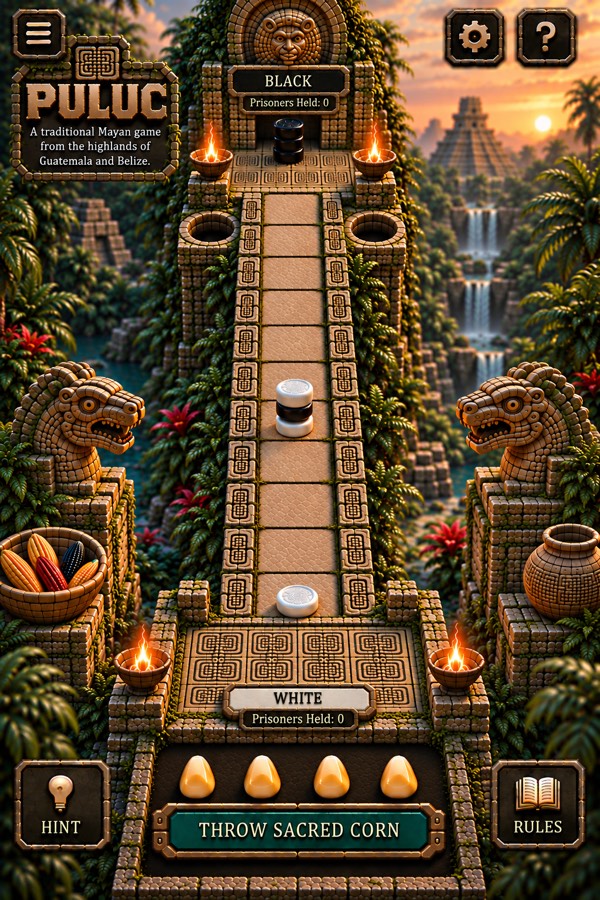 The Puluc board: a stone temple road climbing through jungle toward a carved arch, with black and white pucks on the spaces.